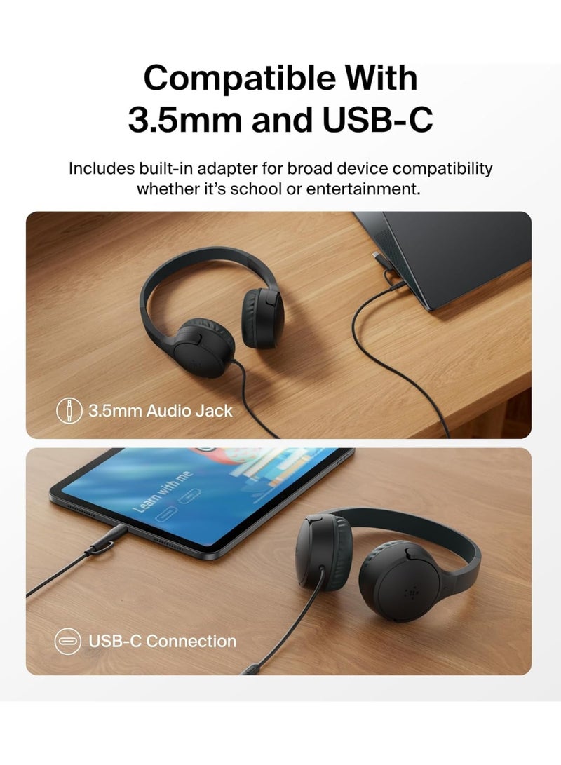 belkin SoundForm Mini Kids Wired Headphones with USB-C to 3.5mm Dongle, Built-in Mic & Fun Stickers, 85dB Max Volume – for Online Learning, Travel, Compatible with iPhone, iPad, Galaxy, etc - Black black - Image 3