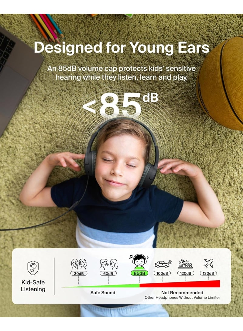 belkin SoundForm Mini Kids Wired Headphones with USB-C to 3.5mm Dongle, Built-in Mic & Fun Stickers, 85dB Max Volume – for Online Learning, Travel, Compatible with iPhone, iPad, Galaxy, etc - Black black - Image 2