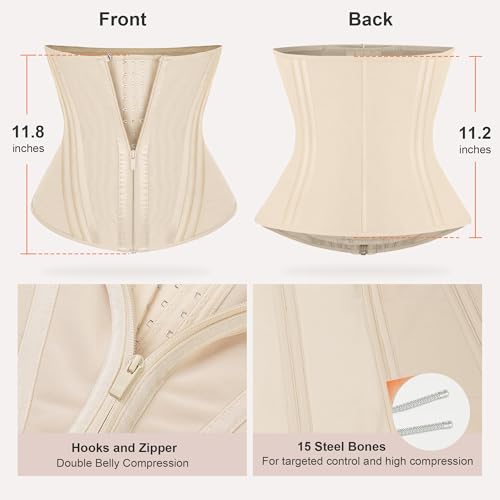 SHAPERX Waist Trainer for Women Underbust Corset Shapewear Tummy Control Workout Waist Cincher Body Shaper Zipper and Hooks, SZ7310-Beige-2XL - Image 3