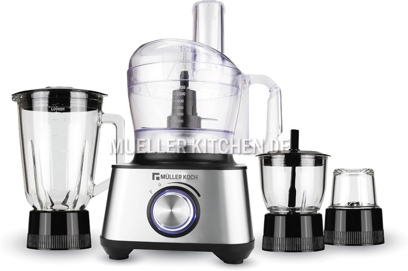 Müller Koch مولر كوخ MK-6021 محضر طعام متعدد الوظائف، خلاط، نظام خلط، عصارة حمضيات (1000 واط، إعداد مضغوط 5 في 1، هيكل من الفولاذ المقاوم للصدأ و 12 ملحق قابل للفصل) - Image 1
