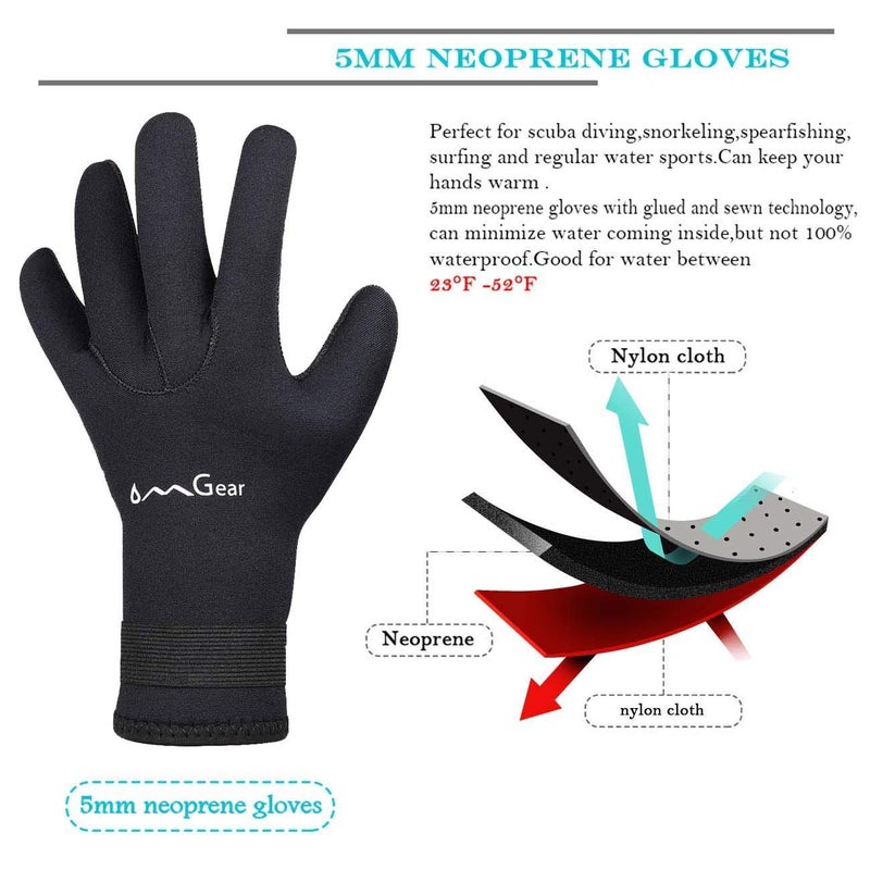 OMGear Neoprene Gloves Diving Wetsuit Gloves 3mm 5mm Glued Anti-Slip Flexible Thermal with Adjustable Waist Strap for Snorkeling Scuba Diving Surfing Kayaking Rafting Spearfishing Sailing (5mm BK, L) - Image 2