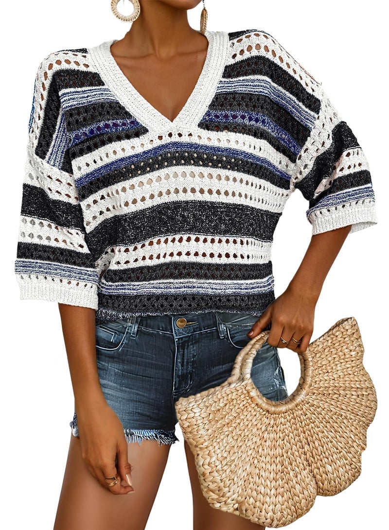 Acelitt Striped Short Sleeve Sweaters for Women 2026 Summer Fashion Trendy Knitted Crochet Tops Vacation Cruise Outfits Resort Wear Black Large - Image 1