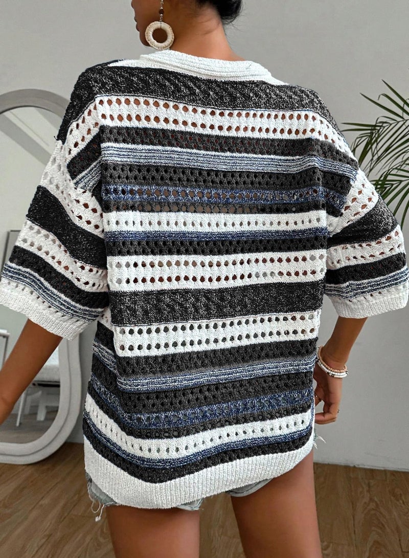 Acelitt Striped Short Sleeve Sweaters for Women 2026 Summer Fashion Trendy Knitted Crochet Tops Vacation Cruise Outfits Resort Wear Black Large - Image 4