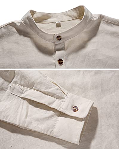 NITAGUT Men Henley Neck Long Sleeve Daily Look Linen Shirts Casual Beach T Shirts Beige-US S - Image 5