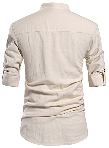 NITAGUT Men Henley Neck Long Sleeve Daily Look Linen Shirts Casual Beach T Shirts Beige-US S - Image 2