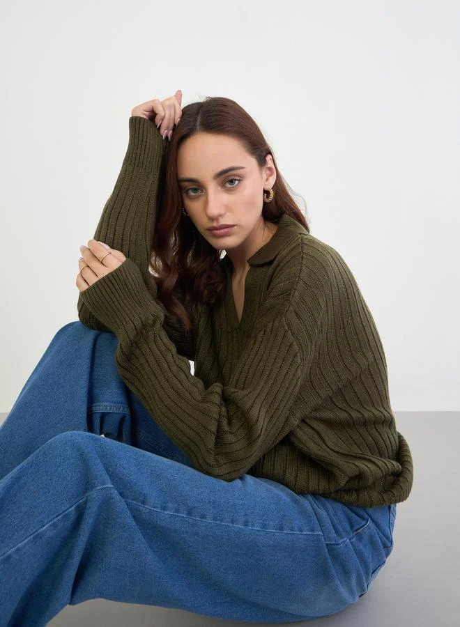 Styli Olive Green Longline Knit Sweater