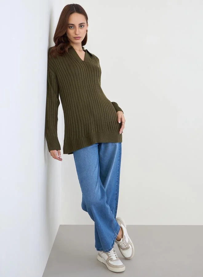Styli Styli Olive Green Longline Knit Sweater