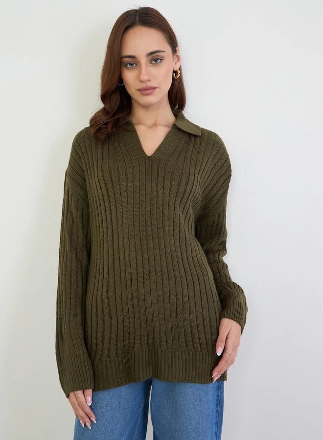Styli Olive Green Longline Knit Sweater