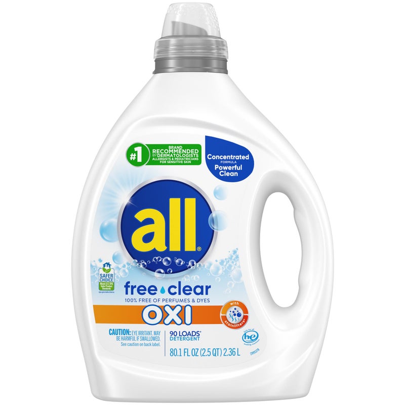 all Liquid Laundry Detergent, Free Clear for Sensitive Skin with OXI, Unscented and Hypoallergenic, 2X Concentrated, 90 Loads - Image 1