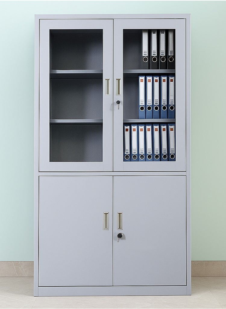 KARNAK Karnak Steel & Glass 4 Door Metal Filing Cabinet With Key Lock & Shelves Storage Compartment For office Color Grey  - Image 3