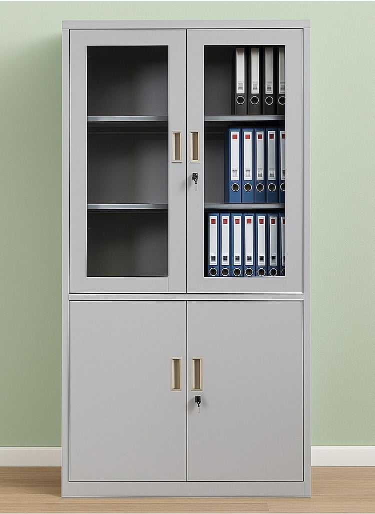 KARNAK Karnak Steel & Glass 4 Door Metal Filing Cabinet With Key Lock & Shelves Storage Compartment For office Color Grey  - Image 1