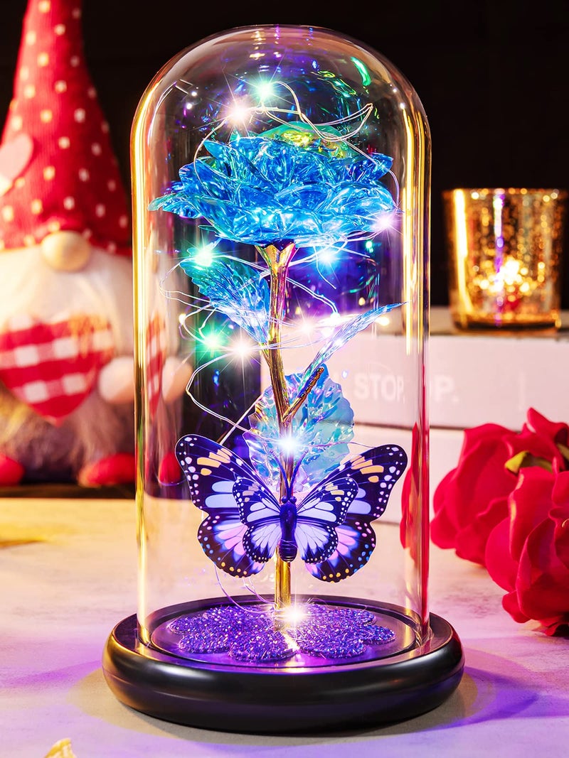 Mothers Day Rose Gifts for Mom Galaxy Glass Rose Forever Eternal Crystal Flower Light Up Rose in Glass Dome with Butterfly Birthday Mothers Day Flowers Gifts for Women Mom Wife Grandma Daughter Blue