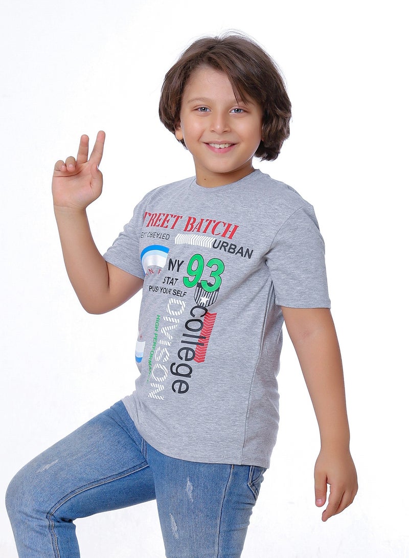 بيبو تيشيرت اولادى مطبوع نص كم_رمادي - Image 1