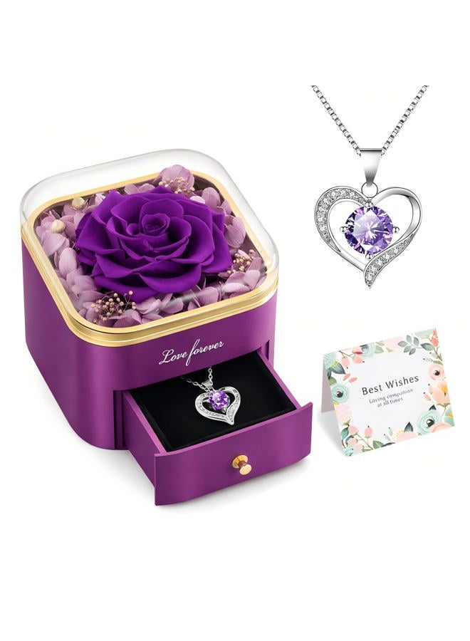 Beferr Valentines Day Gifts for Her Preserved Real Rose with Necklace Eternal Roses Fresh Flowers for Delivery Prime Birthday Anniversary Purple Gifts for Women Mom Wife Daughter Grandma Girlfriend - Image 1