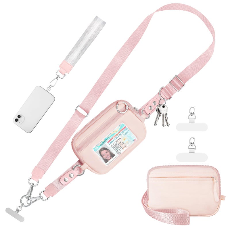 Tiostep Clip and Go Strap for Phone with Wallet Crossbody Phone Lanyard Adjustable and Detachable RFID Wristlet Wallet with ID Window and Zipper, Pink - Image 1