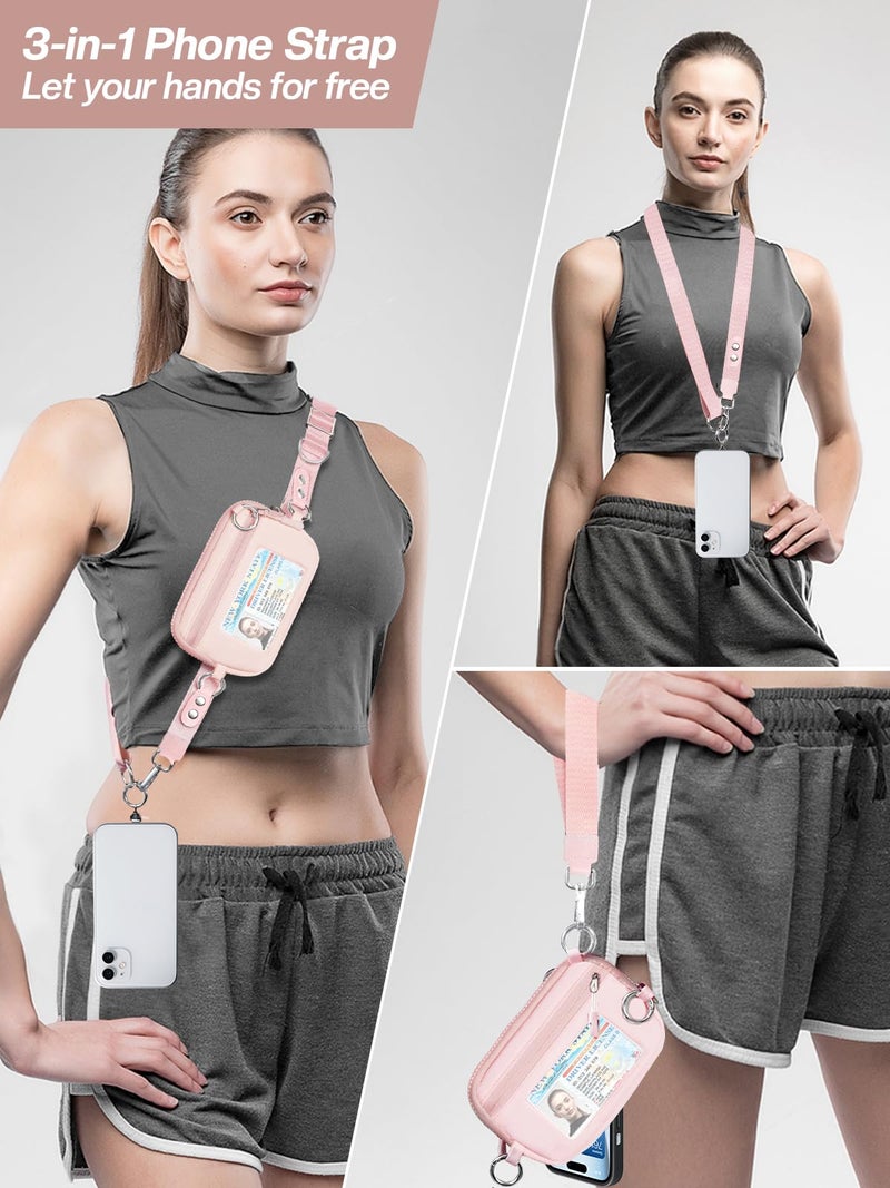 Tiostep Clip and Go Strap for Phone with Wallet Crossbody Phone Lanyard Adjustable and Detachable RFID Wristlet Wallet with ID Window and Zipper, Pink - Image 2