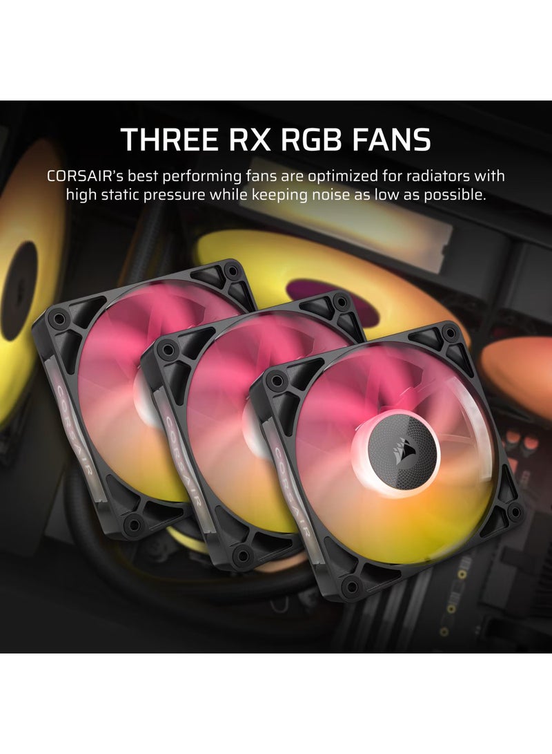 كورسير مبرد وحدة المعالجة المركزية السائل iCUE LINK TITAN 360 RX RGB – رادياتير 396 مم، 3 مراوح RX120 RGB بحجم 120 مم، 20 LED RGB على المضخة، لوحة باردة نحاسية، رادياتير من الألمنيوم، متوافق مع وحدات المعالجة المركزية من إنتل وAMD، أنابيب بطول 450 مم، سرعة مروحة من 300-2100 RPM، تدفق هواء من 10.4-73.5 CFM، تحكم رقمي في المروحة، CW-9061018-WW - Image 3