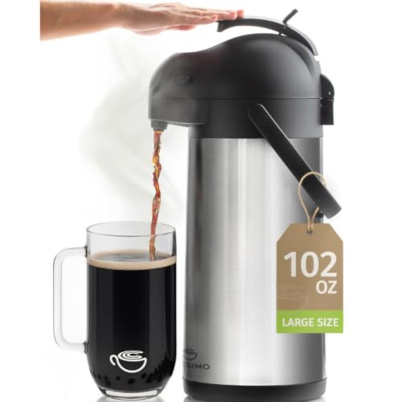 Coffee Carafe with Pump -/ 3L Airpot 12 Hours Large Hot Water Carafe, Cocoa Dispenser for Parties - Tea Flask, Insulated Stainless Steel Airpots for Hot Beverage Dispenser -Coffee Pump - Image 1