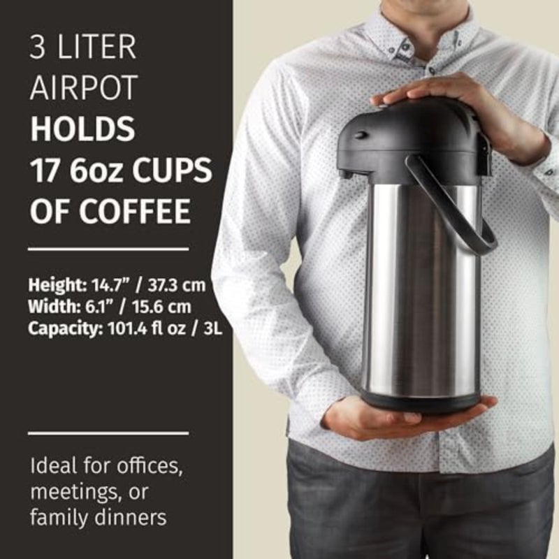 Coffee Carafe with Pump -/ 3L Airpot 12 Hours Large Hot Water Carafe, Cocoa Dispenser for Parties - Tea Flask, Insulated Stainless Steel Airpots for Hot Beverage Dispenser -Coffee Pump - Image 3