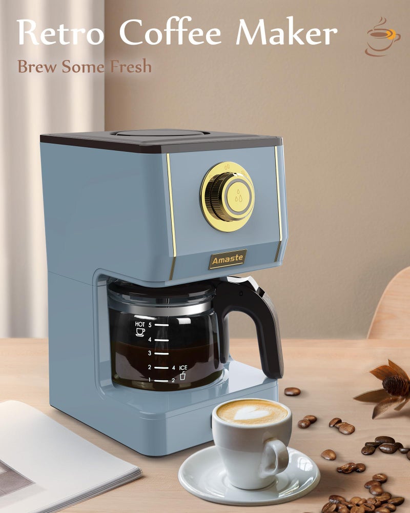 Amaste Coffee Maker, 5 Cup Coffee Pot with Three Brewing Modes, Retro Coffee Maker with Glass Carafe & Reusable Coffee Filter, Drip Coffee Maker Ideal for Home or Office, Warming Plate, Ash Blue - Image 2