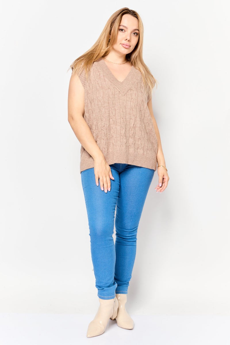 Black Tape Women V-Neck Knitted Sleeveless Vest, Taupe  - Image 2