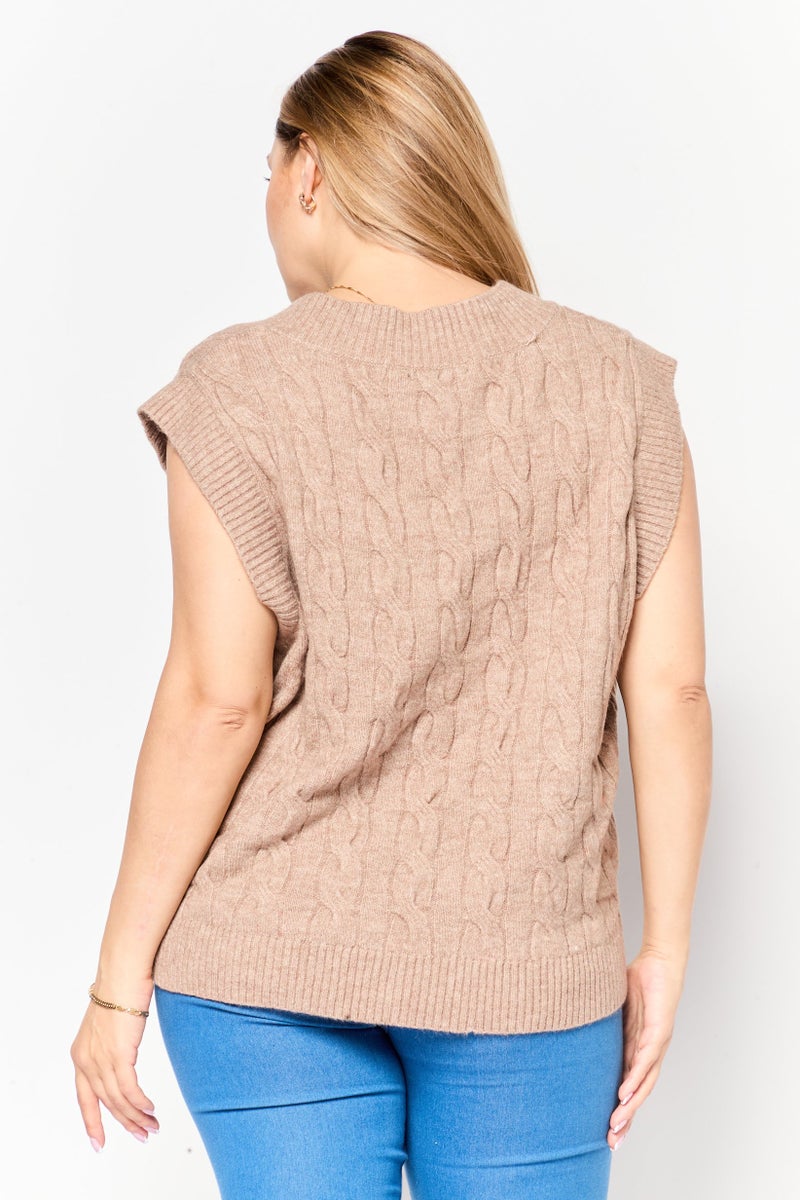 Black Tape Women V-Neck Knitted Sleeveless Vest, Taupe  - Image 4