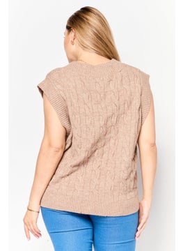 Black Tape Women V-Neck Knitted Sleeveless Vest, Taupe  - Image 4