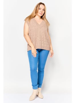 Black Tape Women V-Neck Knitted Sleeveless Vest, Taupe  - Image 2