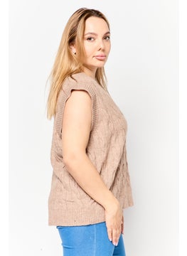 Black Tape Women V-Neck Knitted Sleeveless Vest, Taupe  - Image 3