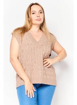 Black Tape Women V-Neck Knitted Sleeveless Vest, Taupe  - Image 1