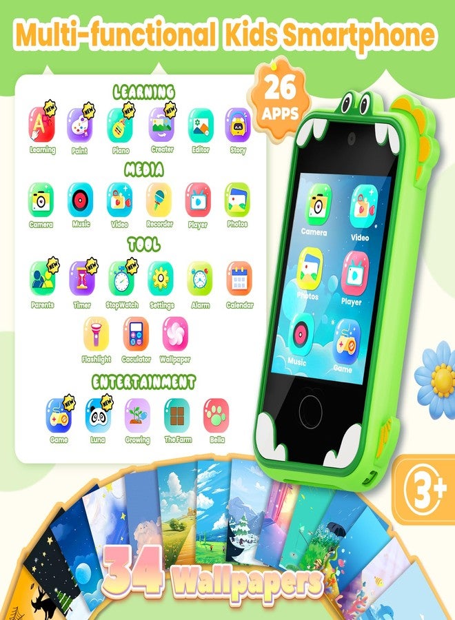 windpaint Kids Phone for Girl Toys, Kids Camera Smart Phone Birthday Gifts Toddler Ages 2, 3, 5, 7, 8, 10 Year Old, Learning Toys with 2.8" Touchscreen, Music Player,Video Player, Game (Green) - Image 3