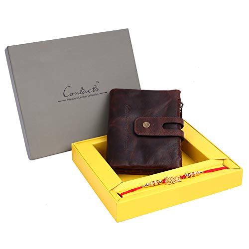 Contacts Men's Genuine Leather Wallet with Rakhi Gift Set Combo | RFID Blocking Wallet for Men| 14 Card Slots, 1 ID Window | 2 Zipper Compartments, Button Closure (Brown RKI)…… - Image 1