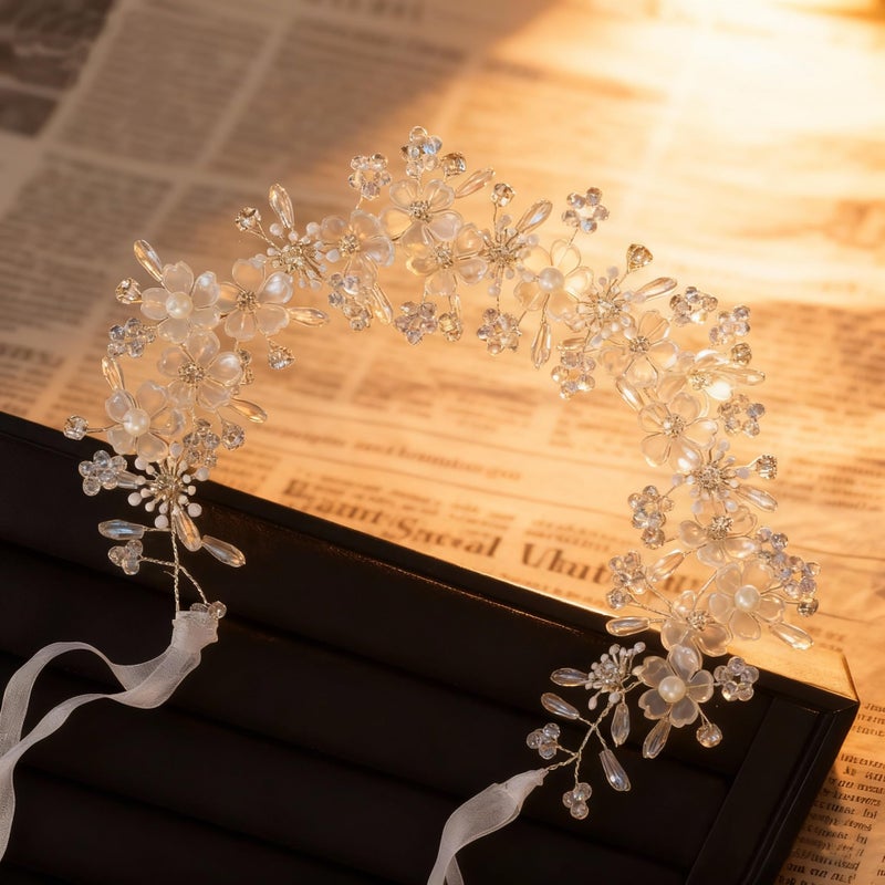 YOUlDIANZI Flower Princess Headpiece, Pearl Bridal Hair Accessory for Women Wedding Hair Band for Bride Princess Crown First Communion Headpiece for Womens Birthday, Party, Wedding - Image 5