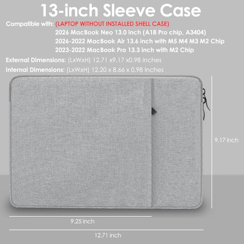 ProElife 13Inch Laptop Sleeve Case for 20262022 MacBook Air 136 inch M5 M4 M3 M2 MacBook Neo 13 A18 Pro Pro 13 M2 Chip Accessory WaterResistant Bag Traveling Carry Cover Case Gray - Image 3