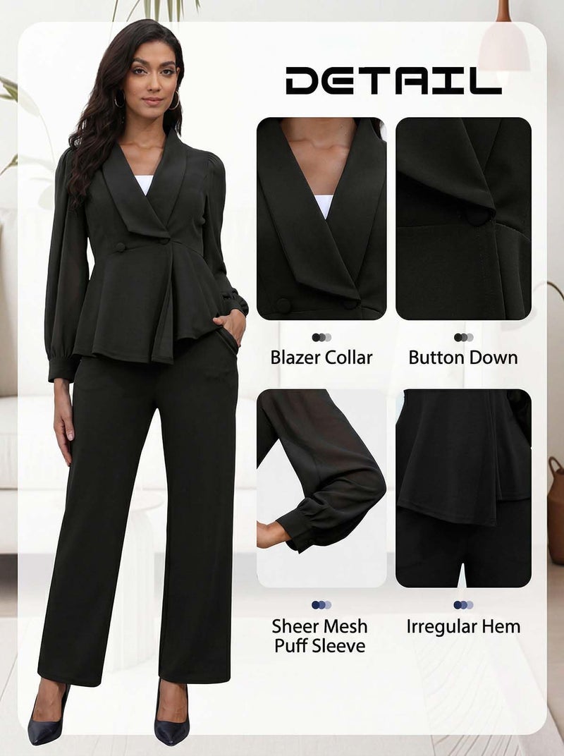Annystore Pant Suits for Women Dressy Mesh Sheer Sleeve Ruffle Peplum Blazer Jackets Wide Leg Pants Blazer Pantsuit Sets Business Casual Work Outfit Black L - Image 5