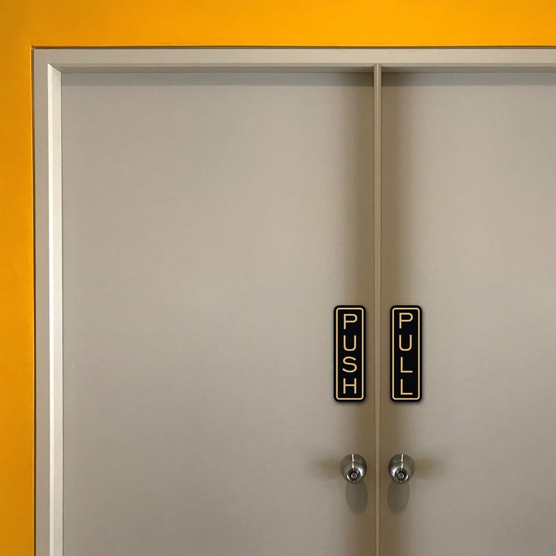All Quality Classic Vertical Push Pull Door Signs - Great for Glass Doors | Professional Looking Signs | Easy Installation Includes Double-Sided Foam Adhesive Tape (Black/Gold) - Small (1 Pack) - Image 2