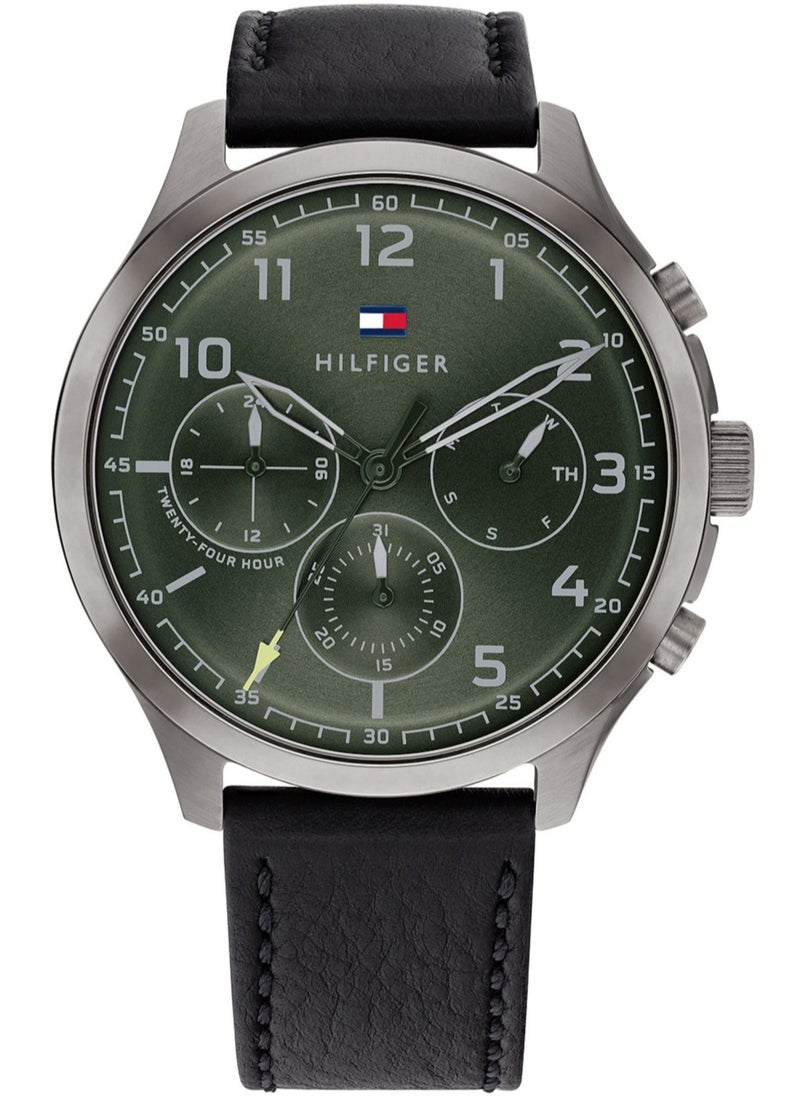 Tommy Hilfiger Plus Men's Analog Watch Green Dial Black Leather Strap 1791856  - Image 1