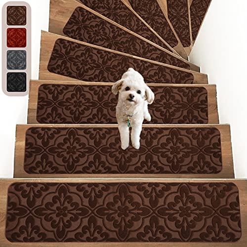 MATAHUM Non-Slip Carper Stair Treads for Wooden Steps Indoor Self Adhesive Stair Rugs 8"x30", Peel and Stick Stair Runners for Dogs, Kids, and Elder, 15PCS Brown… - Image 1