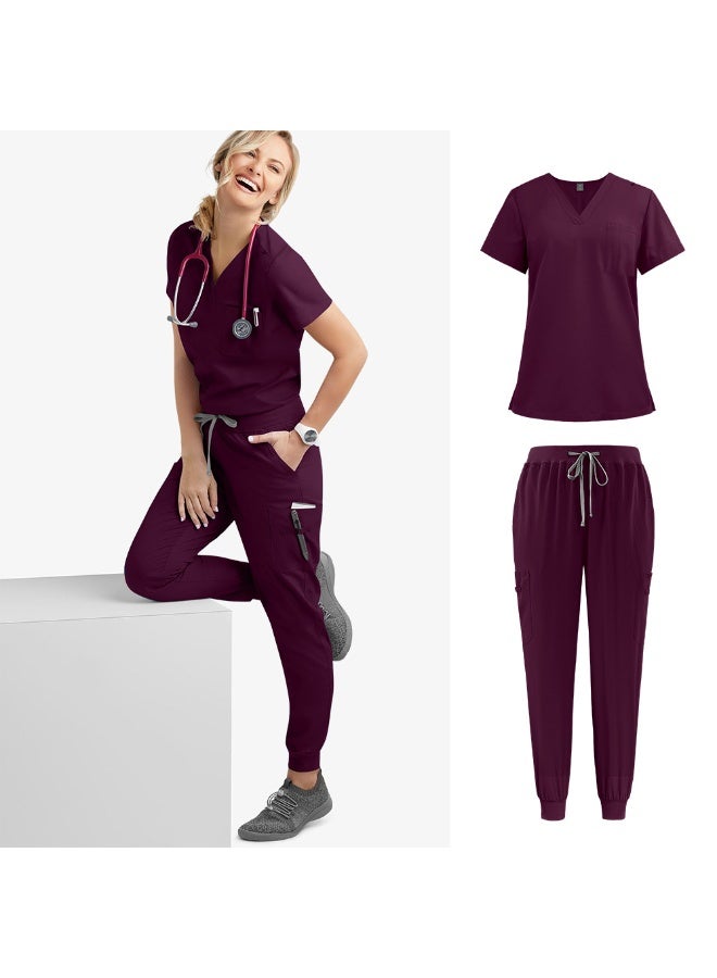 NIBEMINENT Multicolour Jogger Suits Doctor Nursing Uniforms Short Sleeve V-neck Tops Pocket Pants Nurse Scrubs Set Medical Clinical Clothes - Image 1