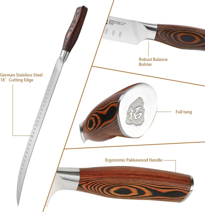 TUO Cimitar Butcher Knife, 14 Inch Butcher's Breaking Knife for Long Meat Slicing, Pro Curved Slicer Carver, Forged German Steel with Pakkawood Handle - Fiery Phoenix Series - Image 4