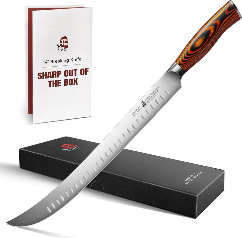 TUO Cimitar Butcher Knife, 14 Inch Butcher's Breaking Knife for Long Meat Slicing, Pro Curved Slicer Carver, Forged German Steel with Pakkawood Handle - Fiery Phoenix Series - Image 1