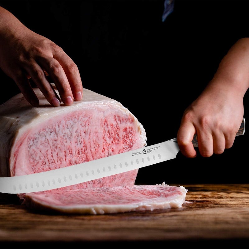 TUO Cimitar Butcher Knife, 14 Inch Butcher's Breaking Knife for Long Meat Slicing, Pro Curved Slicer Carver, Forged German Steel with Pakkawood Handle - Fiery Phoenix Series - Image 2