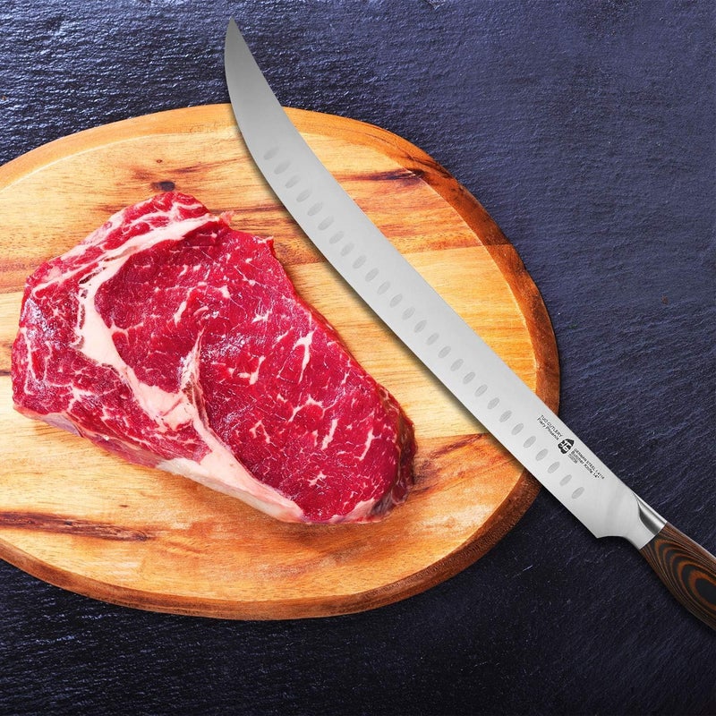 TUO Cimitar Butcher Knife, 14 Inch Butcher's Breaking Knife for Long Meat Slicing, Pro Curved Slicer Carver, Forged German Steel with Pakkawood Handle - Fiery Phoenix Series - Image 5