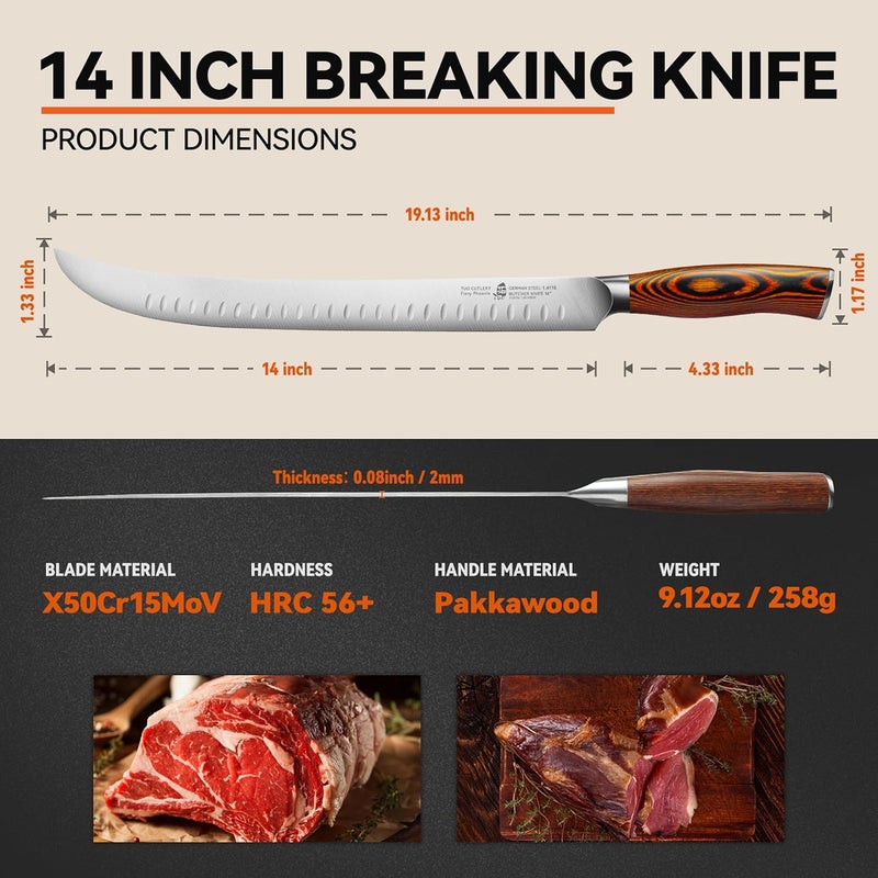 TUO Cimitar Butcher Knife, 14 Inch Butcher's Breaking Knife for Long Meat Slicing, Pro Curved Slicer Carver, Forged German Steel with Pakkawood Handle - Fiery Phoenix Series - Image 3