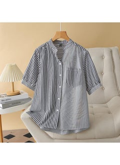 T5 Plus Size Women's Summer New Chubby Girl Slimming Loose Striped V-neck Washed Cotton Short-sleeved Shirt Top 24