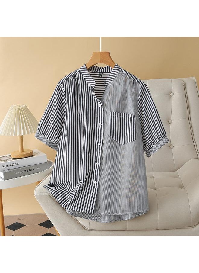 Generic - T5 Plus Size Women's Summer New Chubby Girl Slimming Loose Striped V-neck Washed Cotton Short-sleeved Shirt Top 24 - Image 1