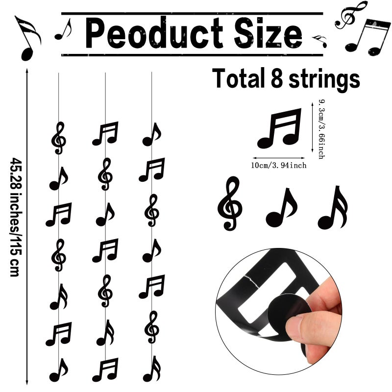 Cindeer 8 Pcs Music Notes Party Decorations Musical Birthday Hanging Decorations Music Notes Paper Garland Banner for 50s 80s Birthday Baby Shower Wedding Party Supplies Ceiling Decor(Black) - Image 2