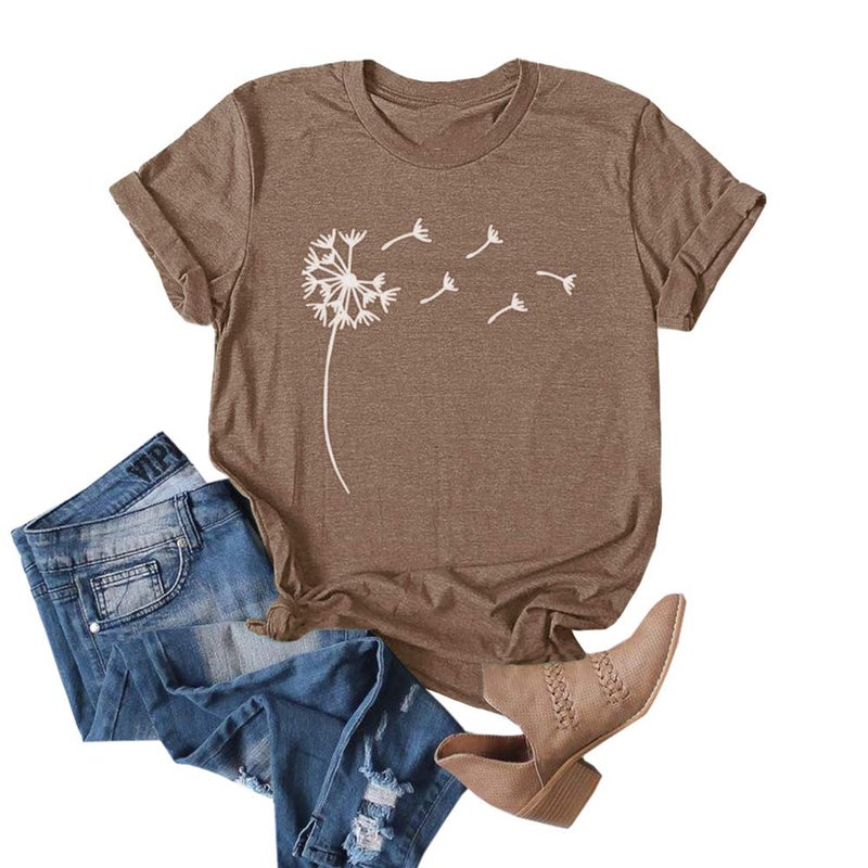 Cicy Bell Women's Dandelion Print T Shirts Cute Graphic Tees Short Sleeve Summer Cotton Tee Tops Brown - Image 1