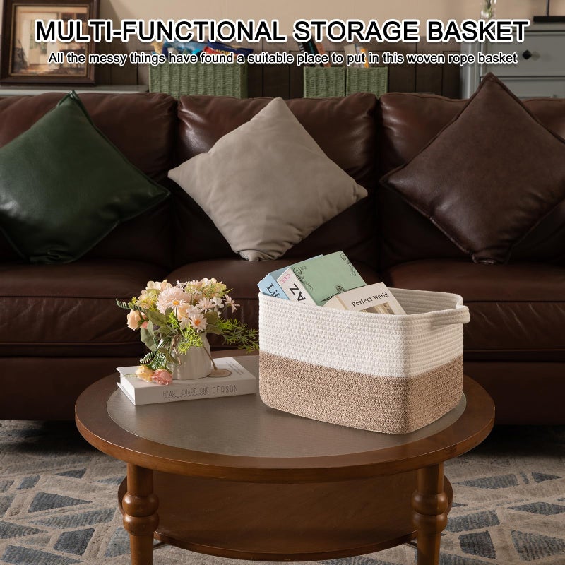 OIAHOMY Woven Storage Basket for Shelves, Rectangle Cotton Rope Baskets for Organizing, 16 x 12 x 10 in, Storage Bins for Dog Toys,Towel,Books,Gift,Brown and White - Image 4