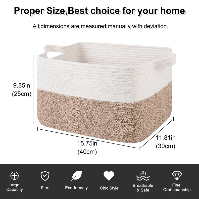 OIAHOMY Woven Storage Basket for Shelves, Rectangle Cotton Rope Baskets for Organizing, 16 x 12 x 10 in, Storage Bins for Dog Toys,Towel,Books,Gift,Brown and White - Image 3